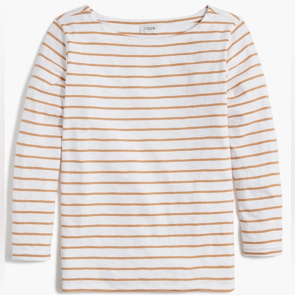 J Crew Factory Boatneck T-shirt Long Sleeve White Caramel Brown Stripes XXS
